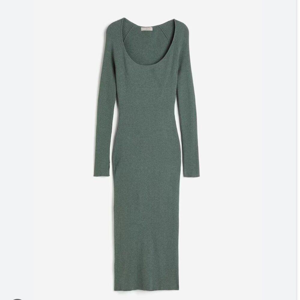 Women H&M Crew Neck Ribbed Knit Bodycon Midi Dress in Dusty Green Size Medium